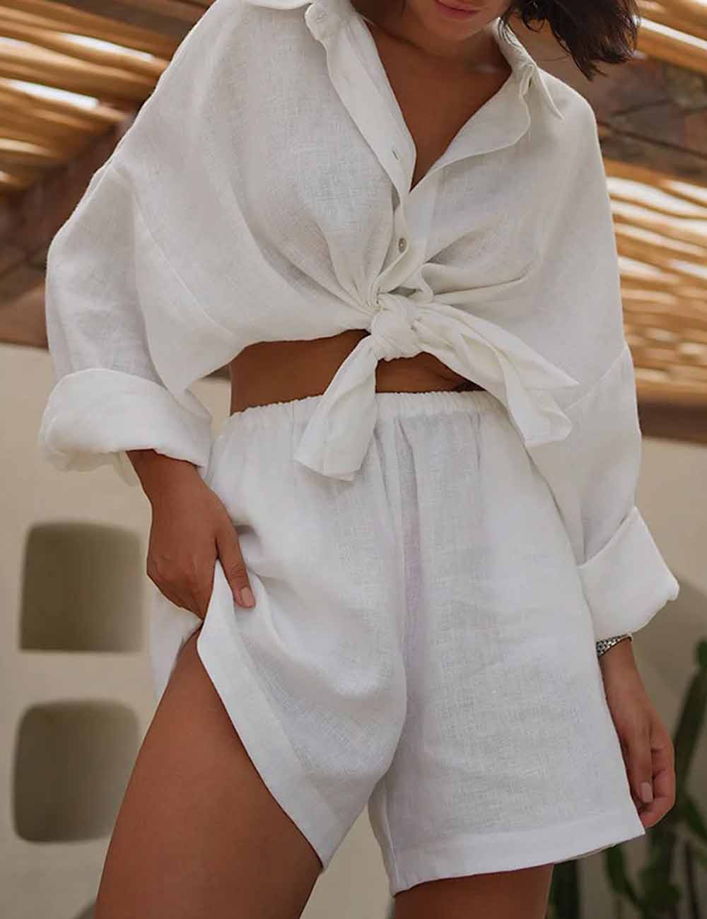 Ladies Solid Color Button Down Shirt Shorts 2PCS Set