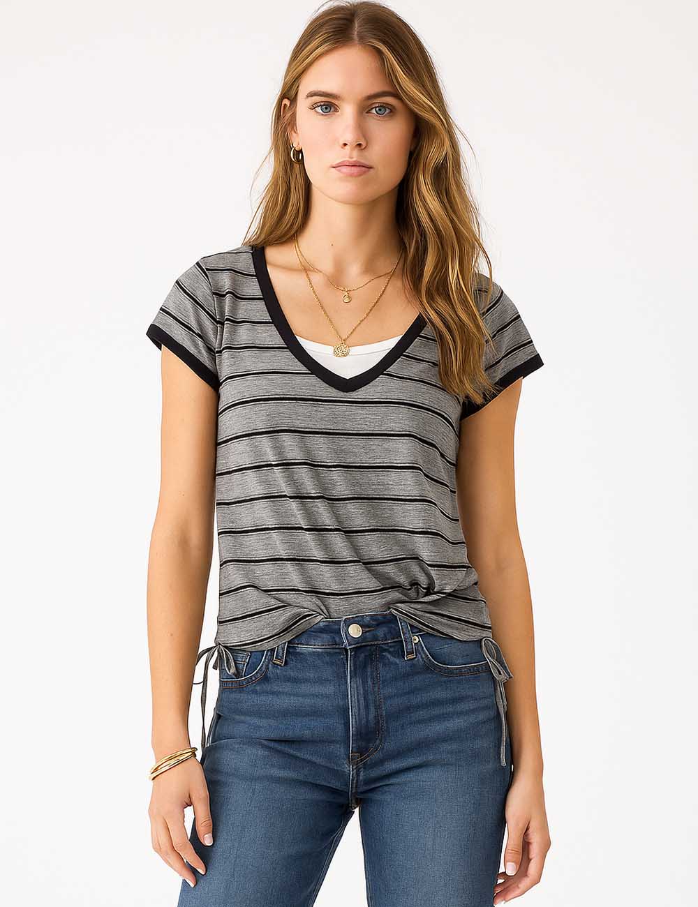 Ladies Striped Flutter Sleeves Drawstring Fake 2PC Top