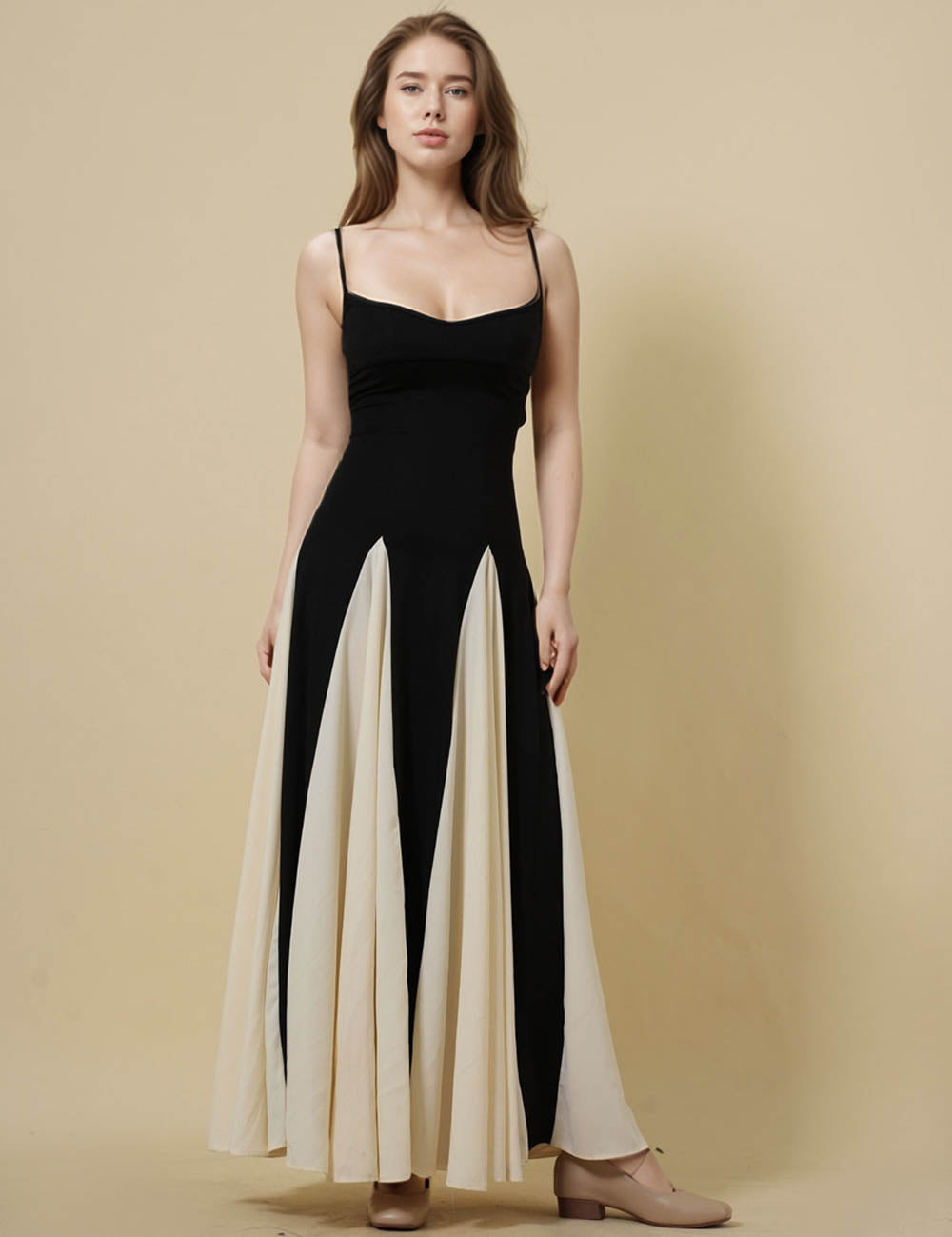 Ladies String Shoulder Color Block Maxi Dress SKD51235