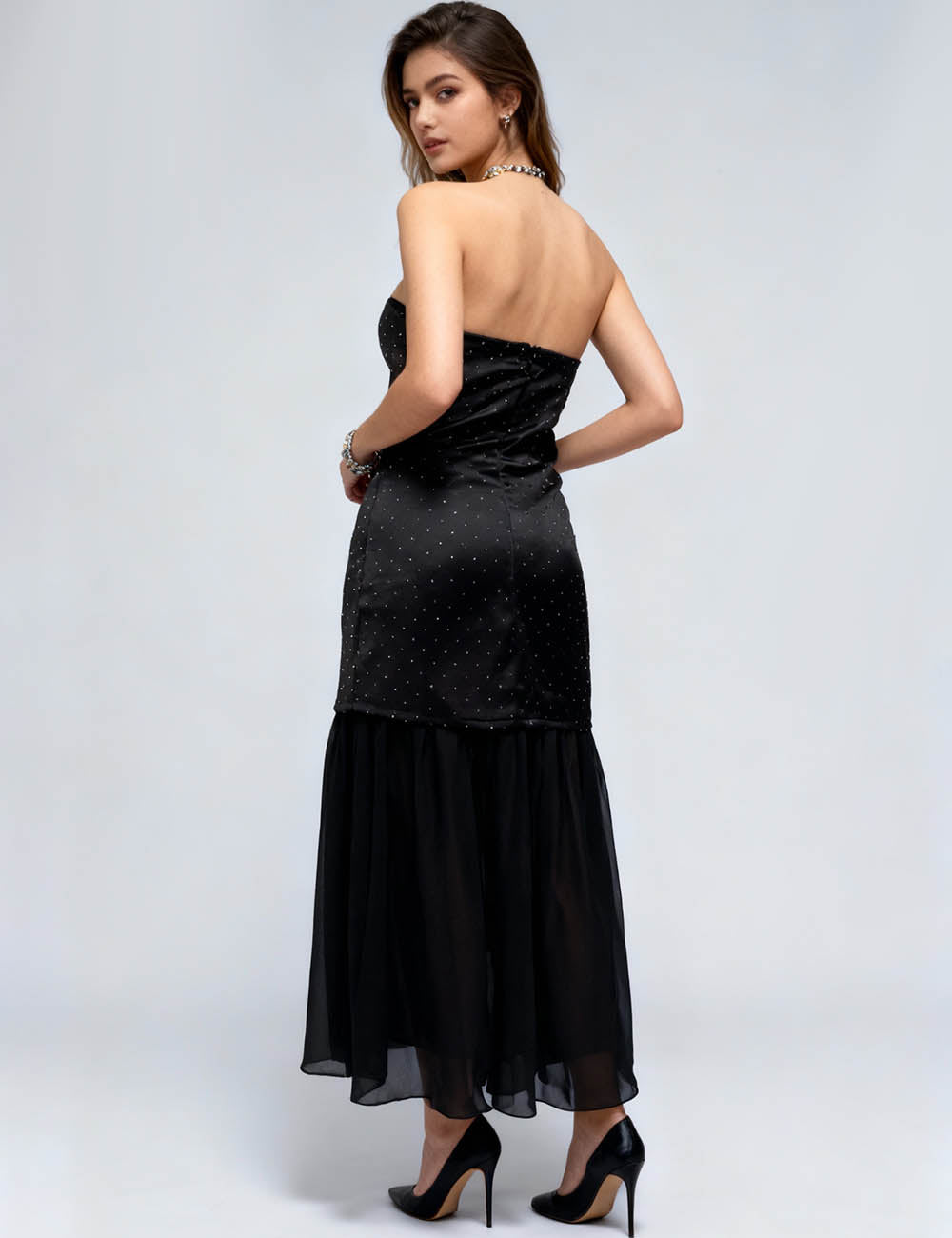 Ladies Rhinestone Sheer Chiffon Hem Satin Tube Midi Dress