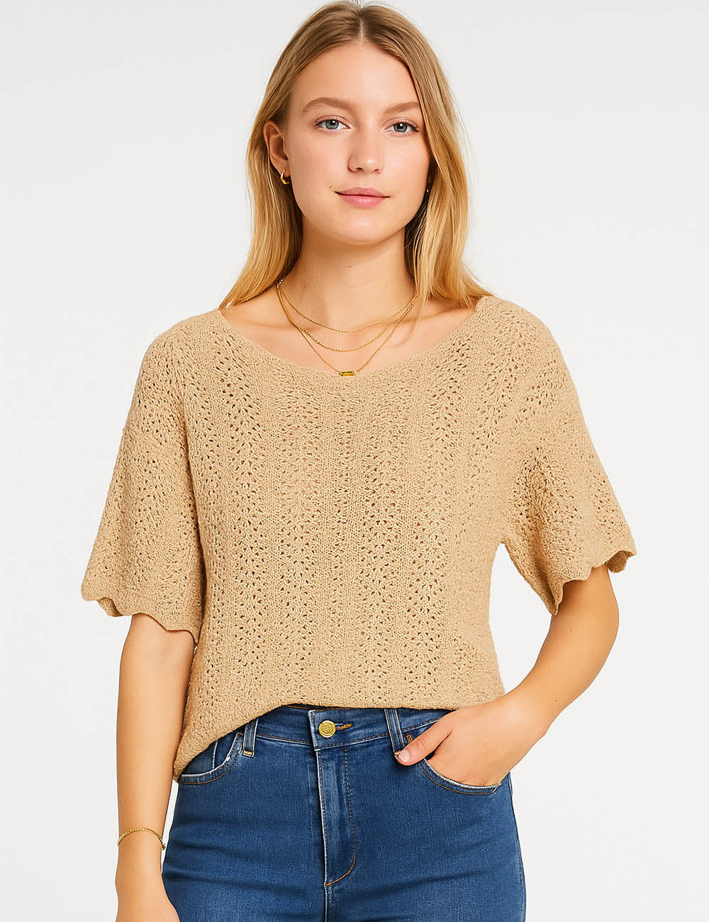 Ladies Solid Color Hollow Out Pullover Short Sleeves Knit Top