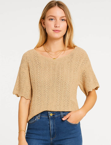 Ladies Solid Color Hollow Out Pullover Short Sleeves Knit Top