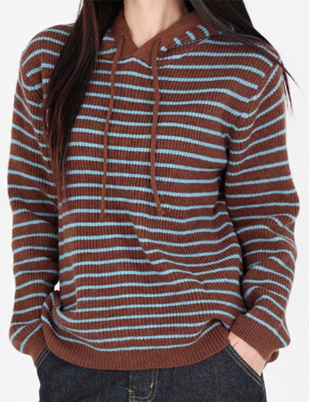 Ladies Color Block Striped Hooded Knit Sweatshirt