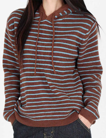 Ladies Color Block Striped Hooded Knit Sweatshirt