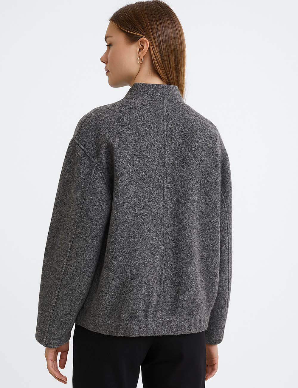 Ladies Wool Blend Solid Color Stand Collar Button Coat