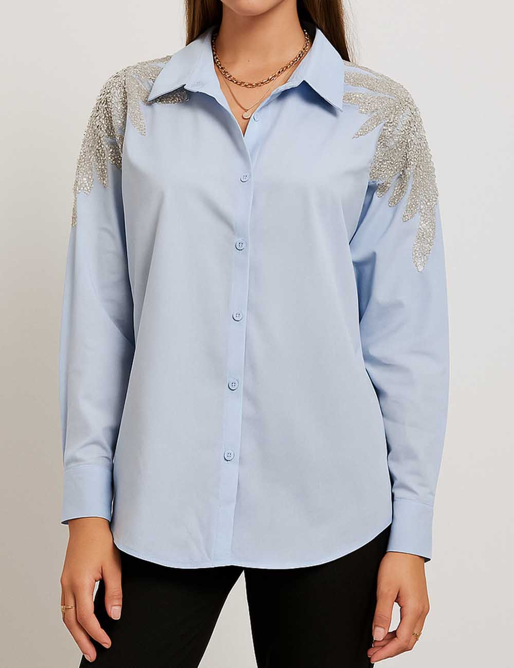 Ladies White Shiny Beaded Button Down Long Sleeves Shirt