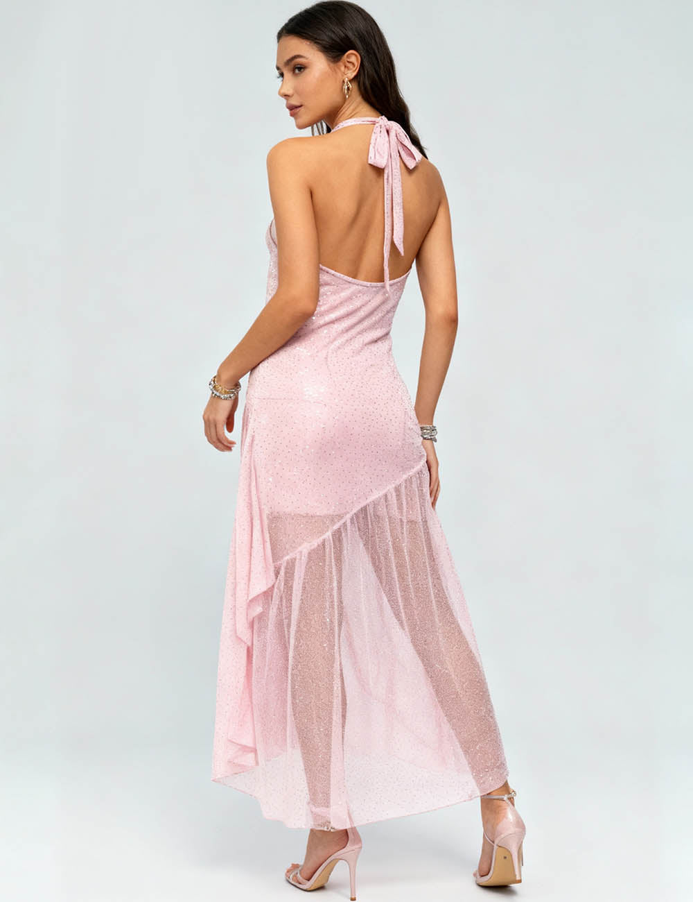 Ladies Sparkle Rhinestone Halter Cowl Neck Maxi Dress