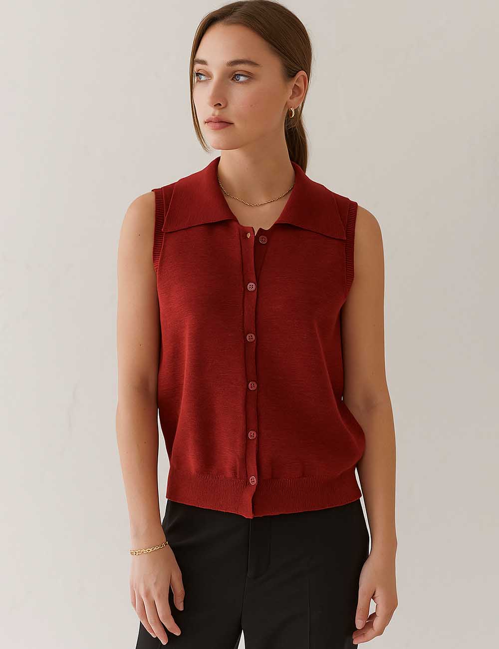Ladies Solid Color Polo Collar Knit Sleeveless Top
