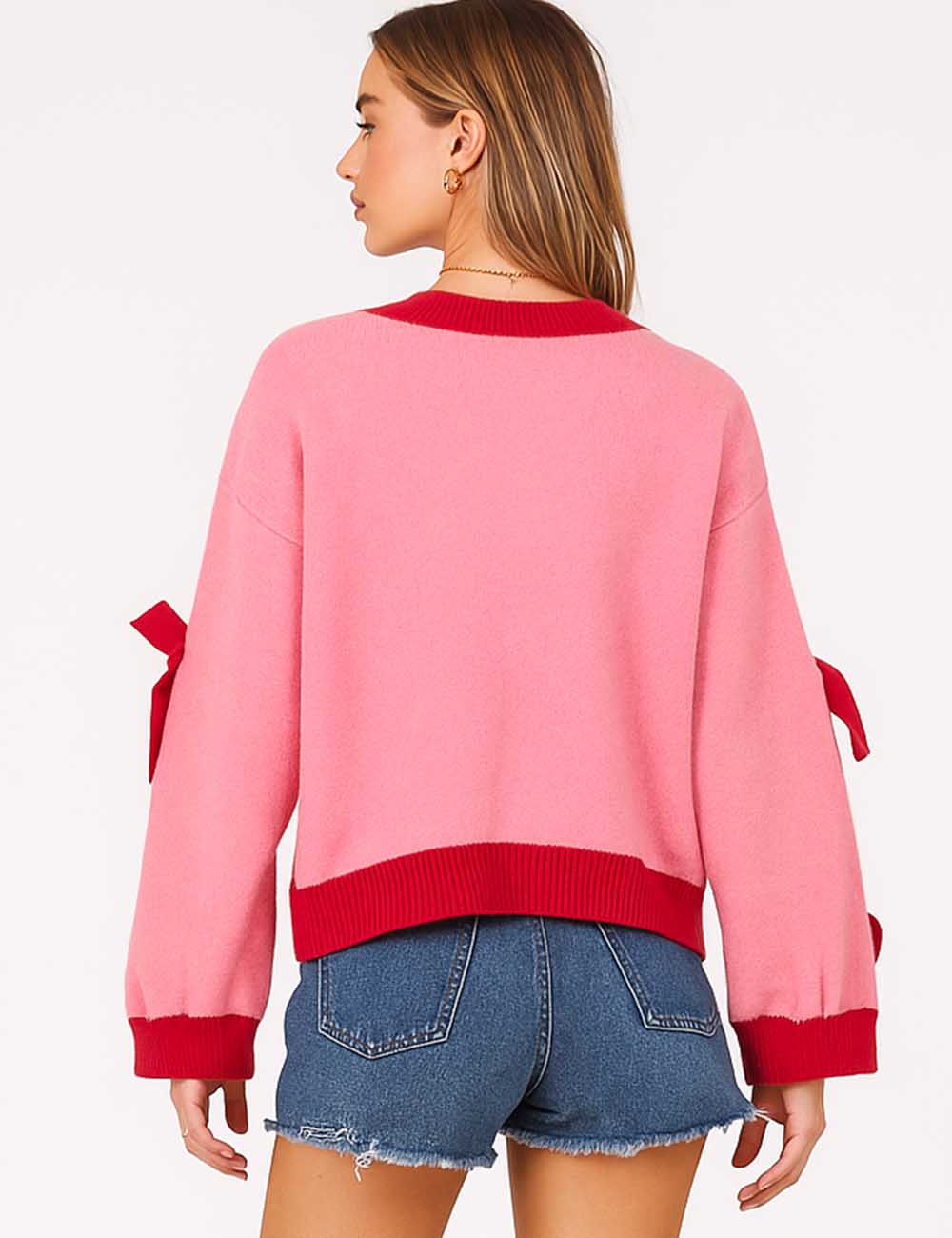 Ladies Color Block 3D Heart & Bow Chunky Cropped Cardigan