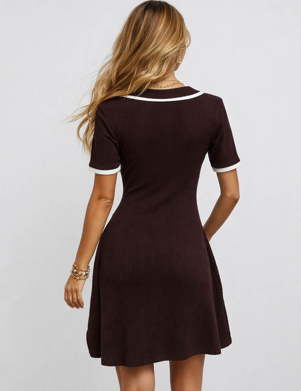 Ladies Chic Ribbed Knit Color Block V-Neck Button Mini Dress