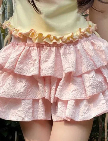 Ladies Solid Color Tiered Ruffle Puff Skorts