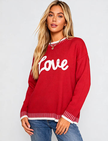 Ladies Valentine Heart Embroidery Color Block Round Neck Sweater