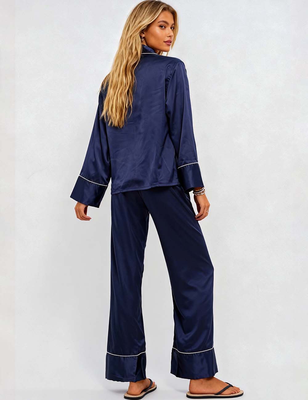 Ladies Satin Button Long Sleeves Top & Pants Loungewear Set