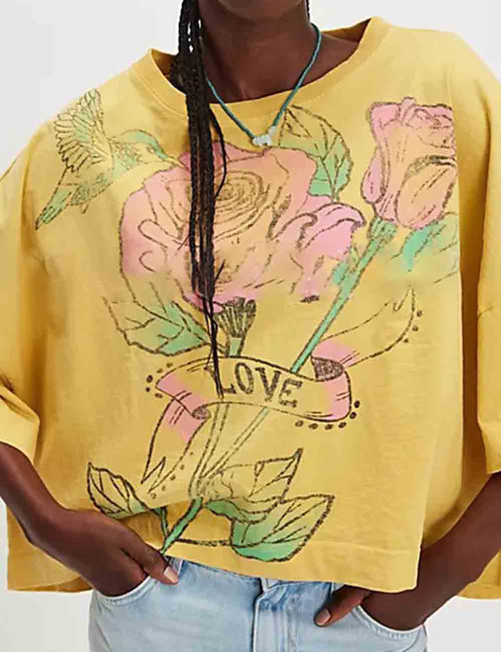 Ladies Floral Print Round Collar Short Sleeves T-Shirt