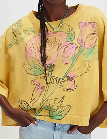 Ladies Floral Print Round Collar Short Sleeves T-Shirt