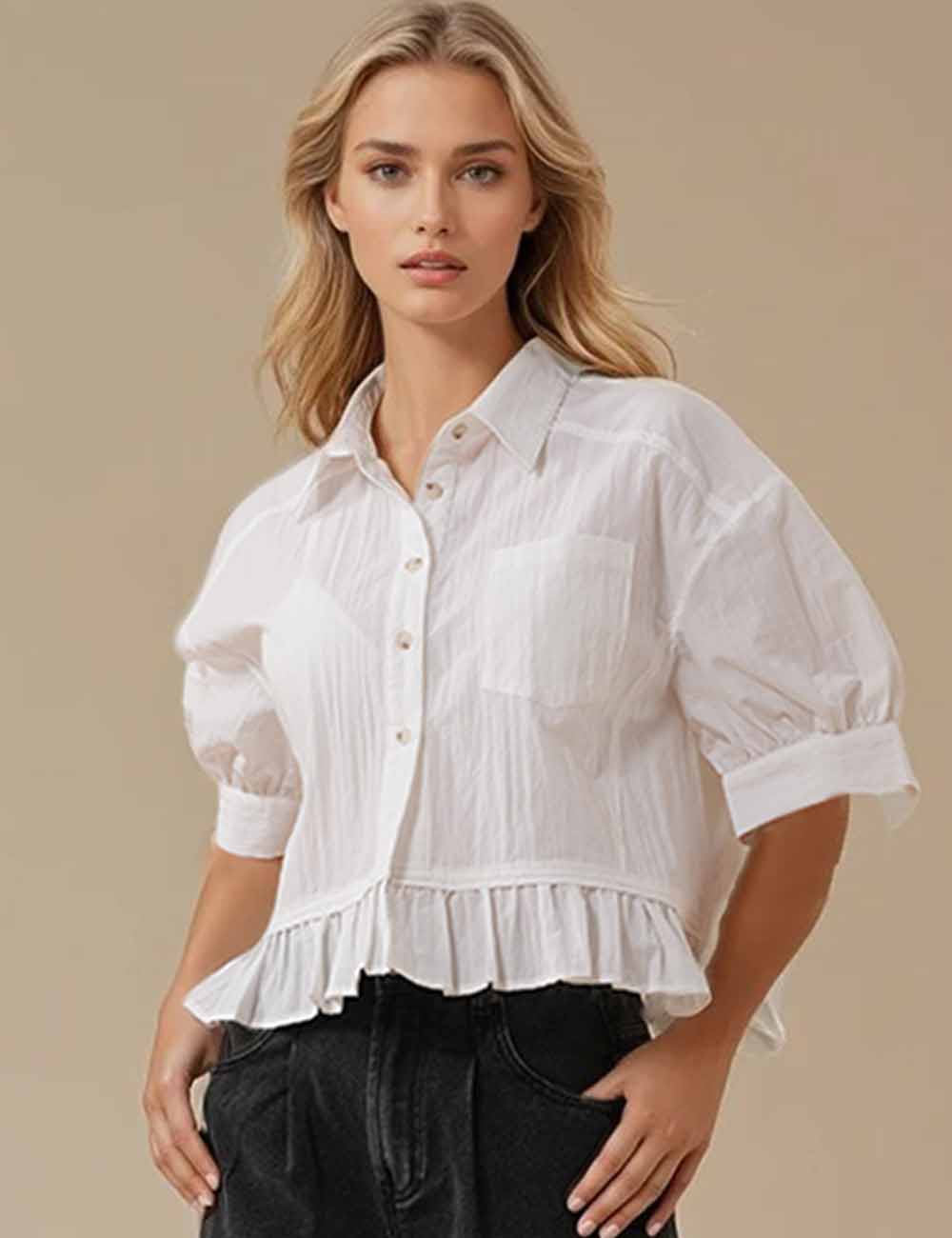 Ladies White Turndown Colloar Button Short Sleeves Shirt