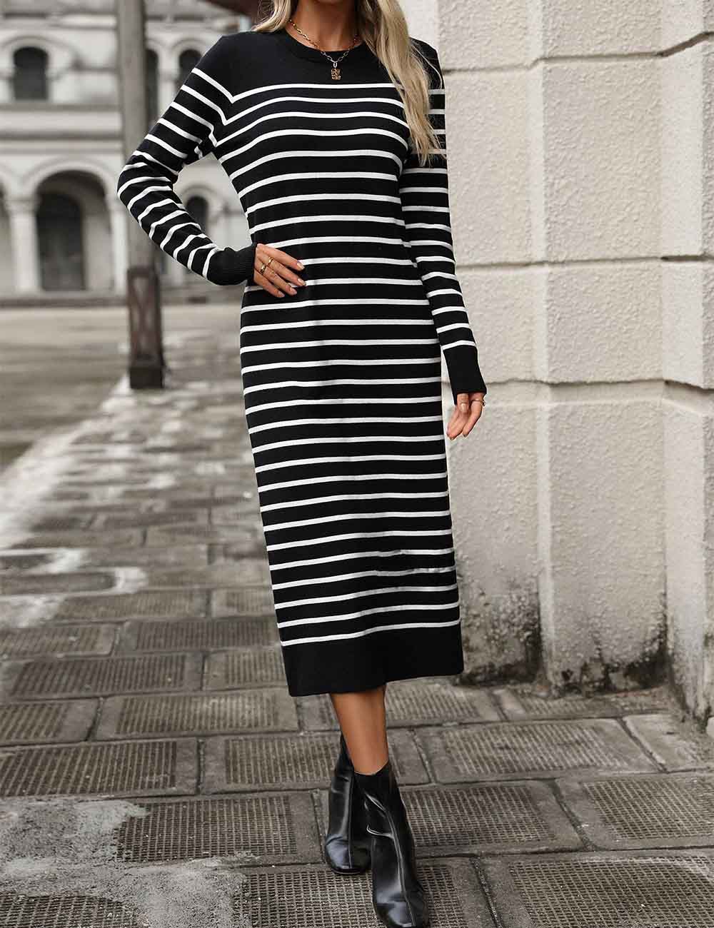 Ladies Color Block Striped Knit Midi Dress