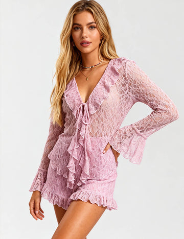 Ladies Sheer Lace Lace-Up Ruffle Blouse & Wide Leg Shorts Set