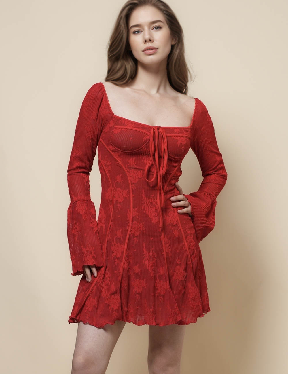 Ladies Square Neck Flare Sleeves Lace Mini Dress SKD41274