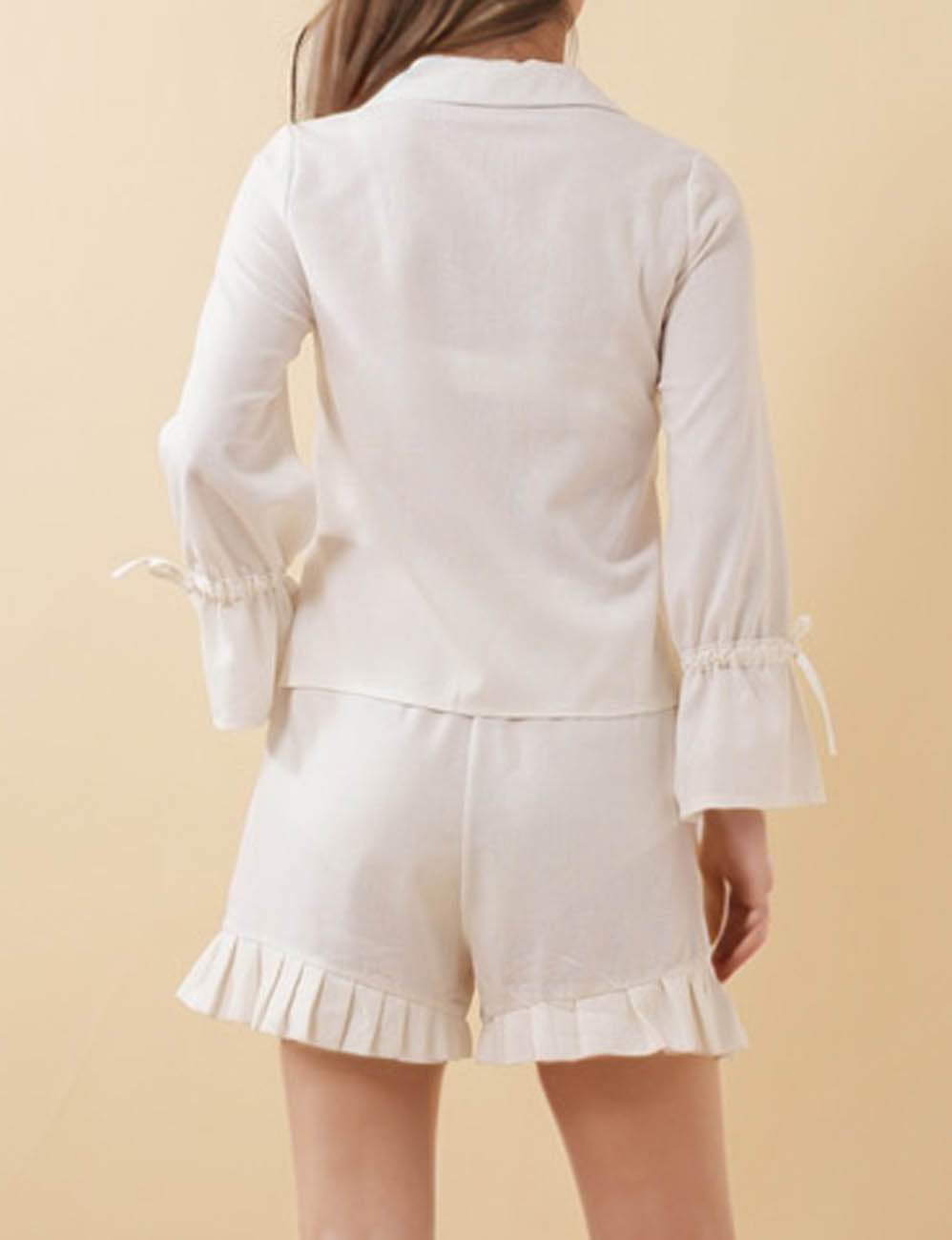 Ladies Linen Blend Ruffle String Tie Top & Shorts 2PCS Set
