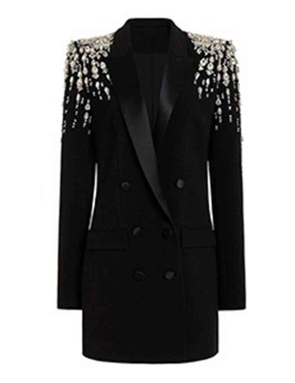 Ladies Solid Color Rhinestone Peaked Lapel Long Blazer 8SKBZ5VH7