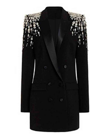 Ladies Solid Color Rhinestone Peaked Lapel Long Blazer 8SKBZ5VH7