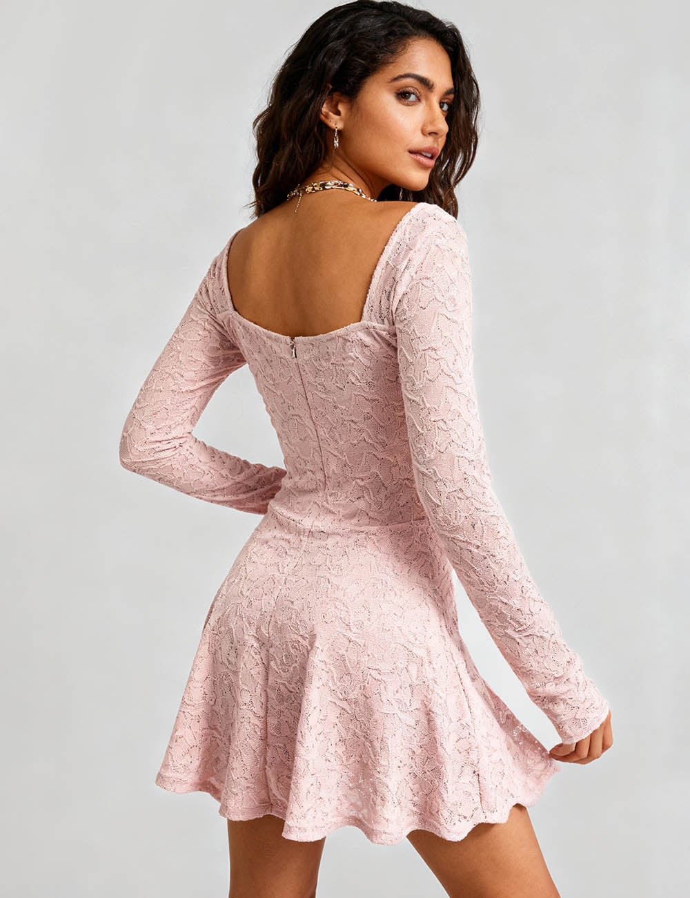 Ladies Jacquard Pattern Square Neck Flared Hem Mini Dress