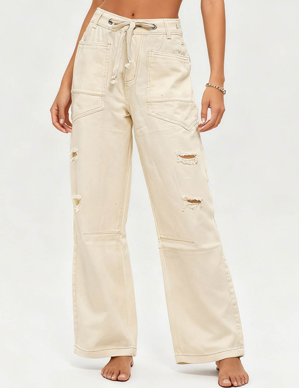 Ladies Distressed Wide Leg Patch Pocket Denim Pants