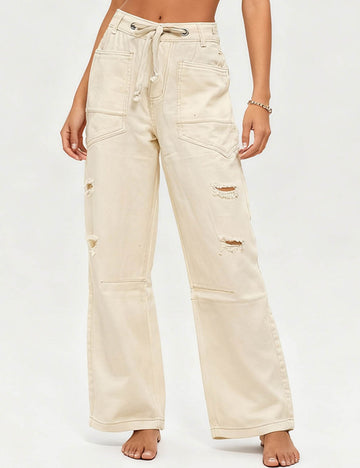 Ladies Distressed Wide Leg Patch Pocket Denim Pants