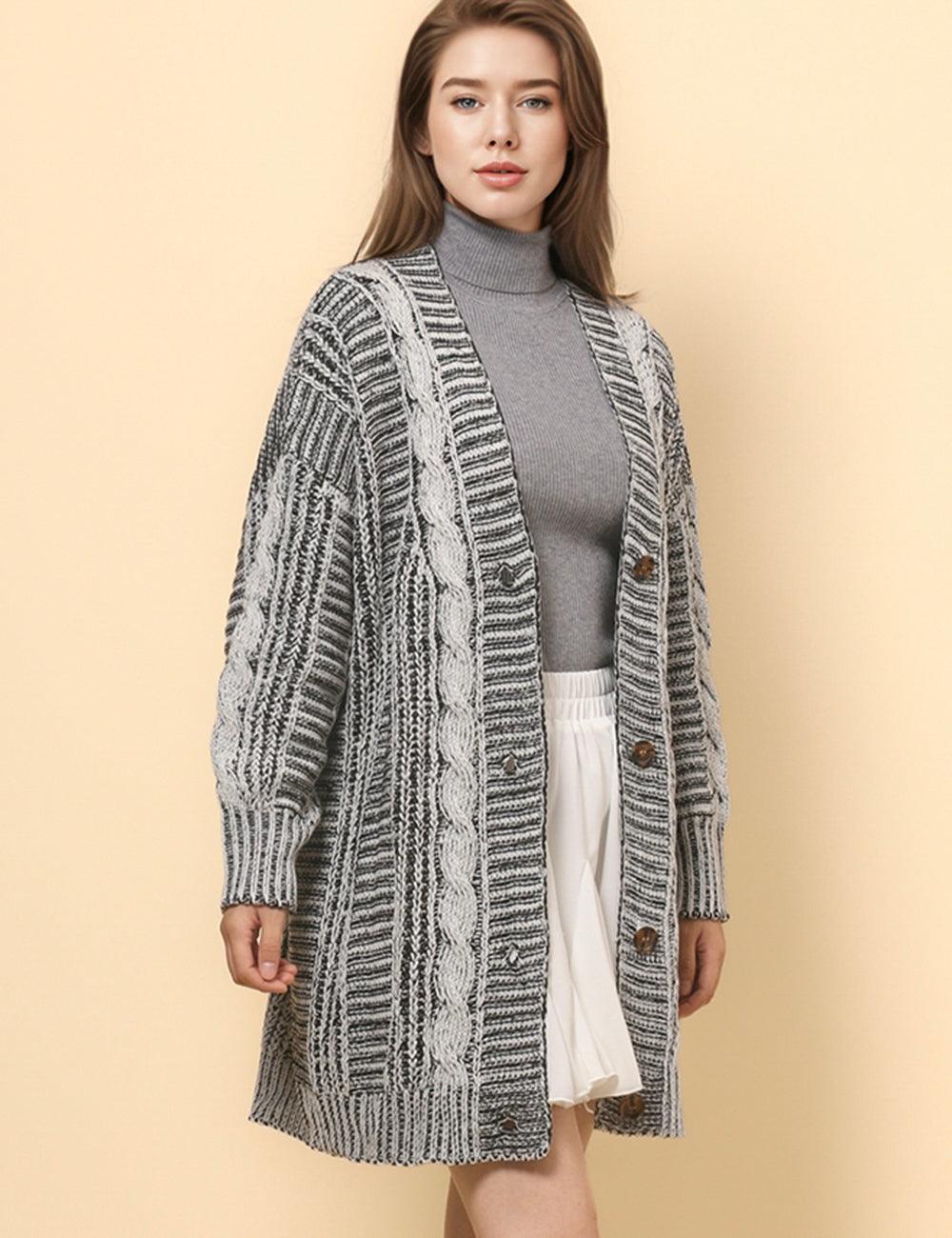 Ladies Thigh Length V-neck Botton Sweater Carsigan SKT4818