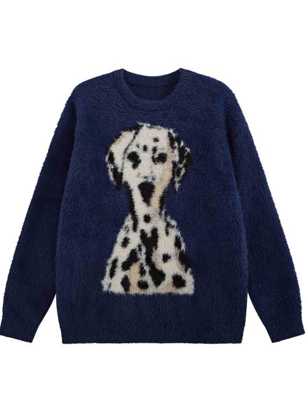 Ladies Color Block Pullover Spotted Dog Pattern Long Sleeves Sweater