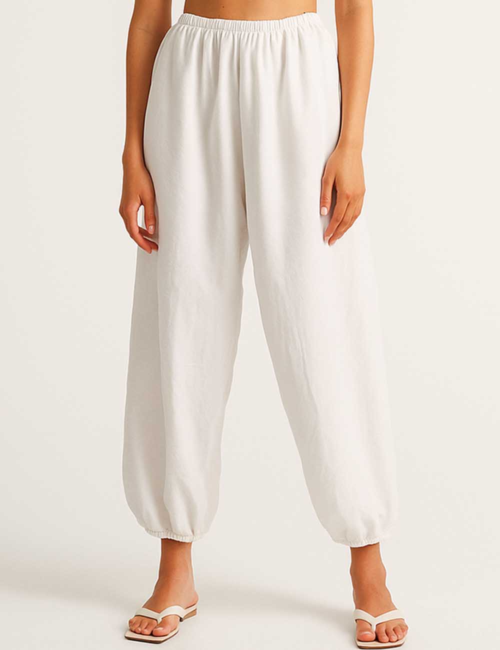 Ladies White Elastic Waist No Pocket Blend Bloomer Pants