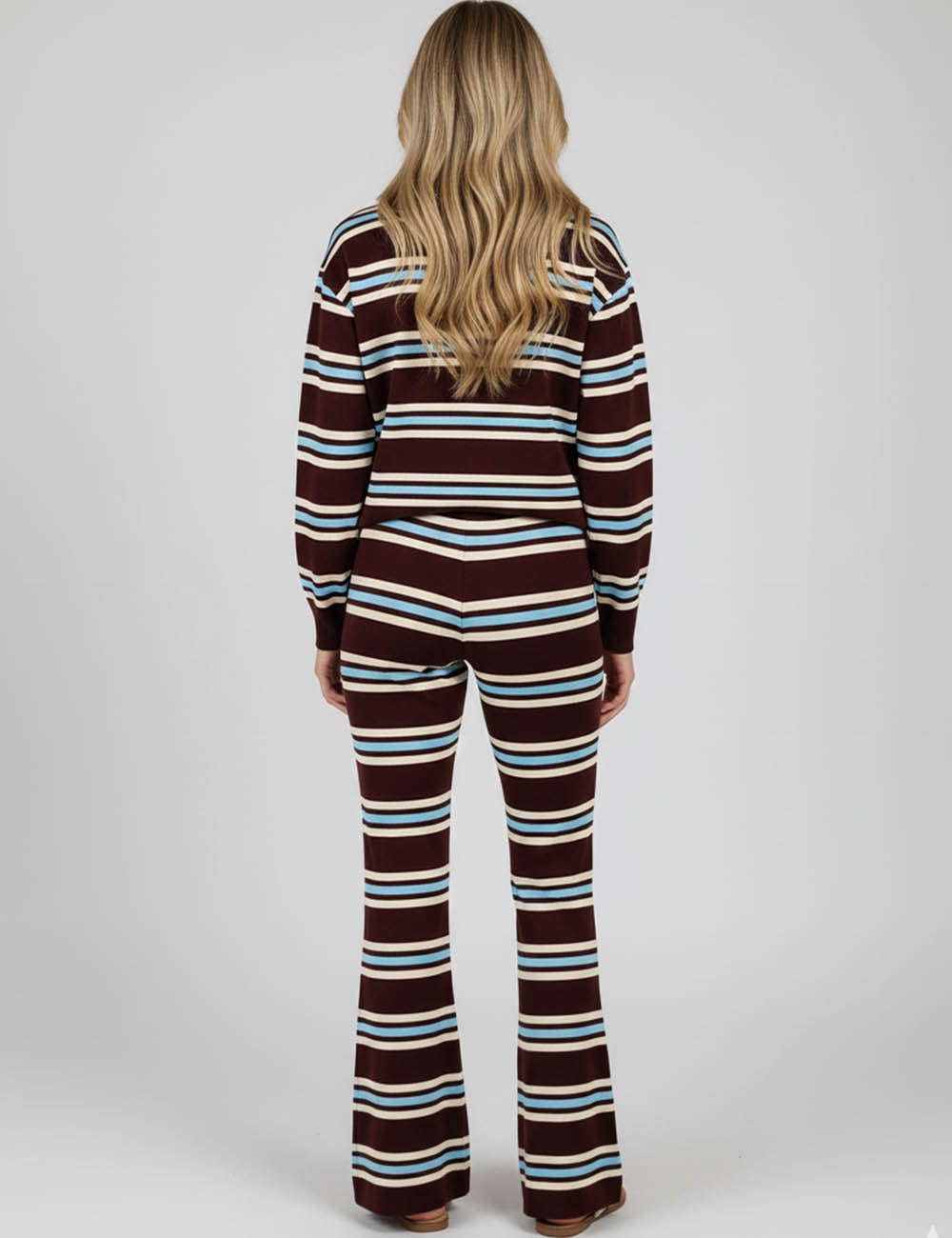 Ladies  Striped Polo Collar Flared Leg Sweatshirt & Pants Set