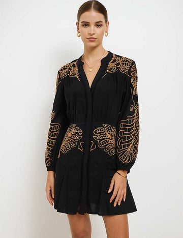 Ladies Color Block Embroidery V-Neck Lantern Sleeves Mini Dress