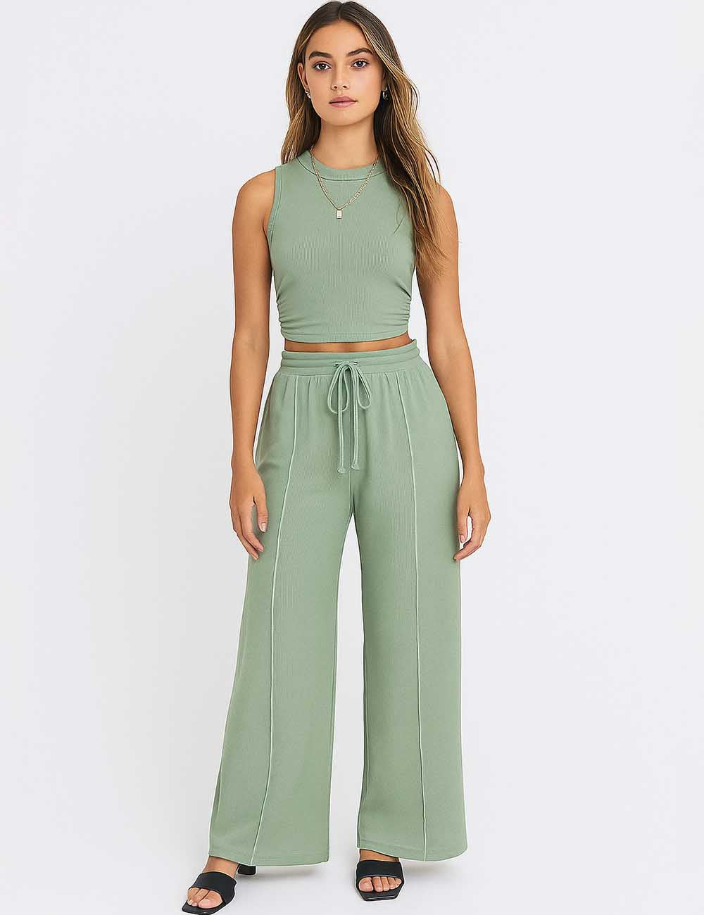 Ladies Ribbed Knit Stretch Ruched Tank Top & Pants Set