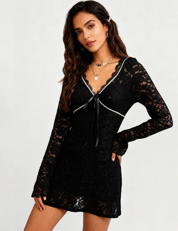 Ladies V-Neck Bow Tie Flared Sleeves Sheer Lace Mini Dress