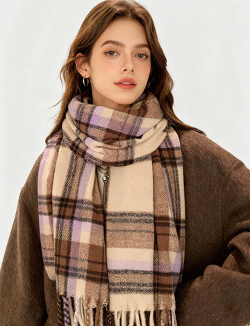 Ladies Vintage Plaid Tassel Hem Knit Scarf