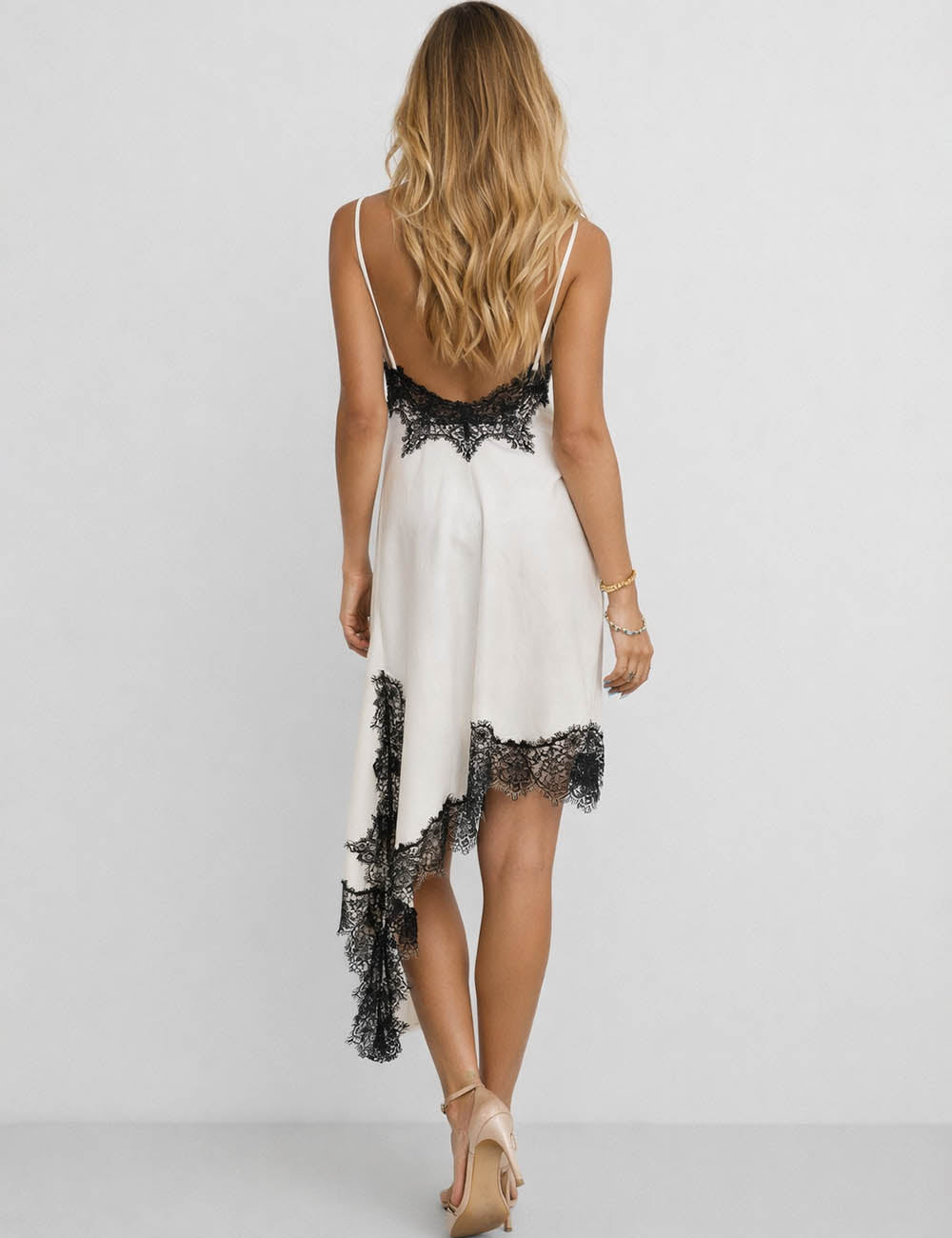 Ladies Satin V-Neck Lace Trim Irregular Hem Cami Midi Dress