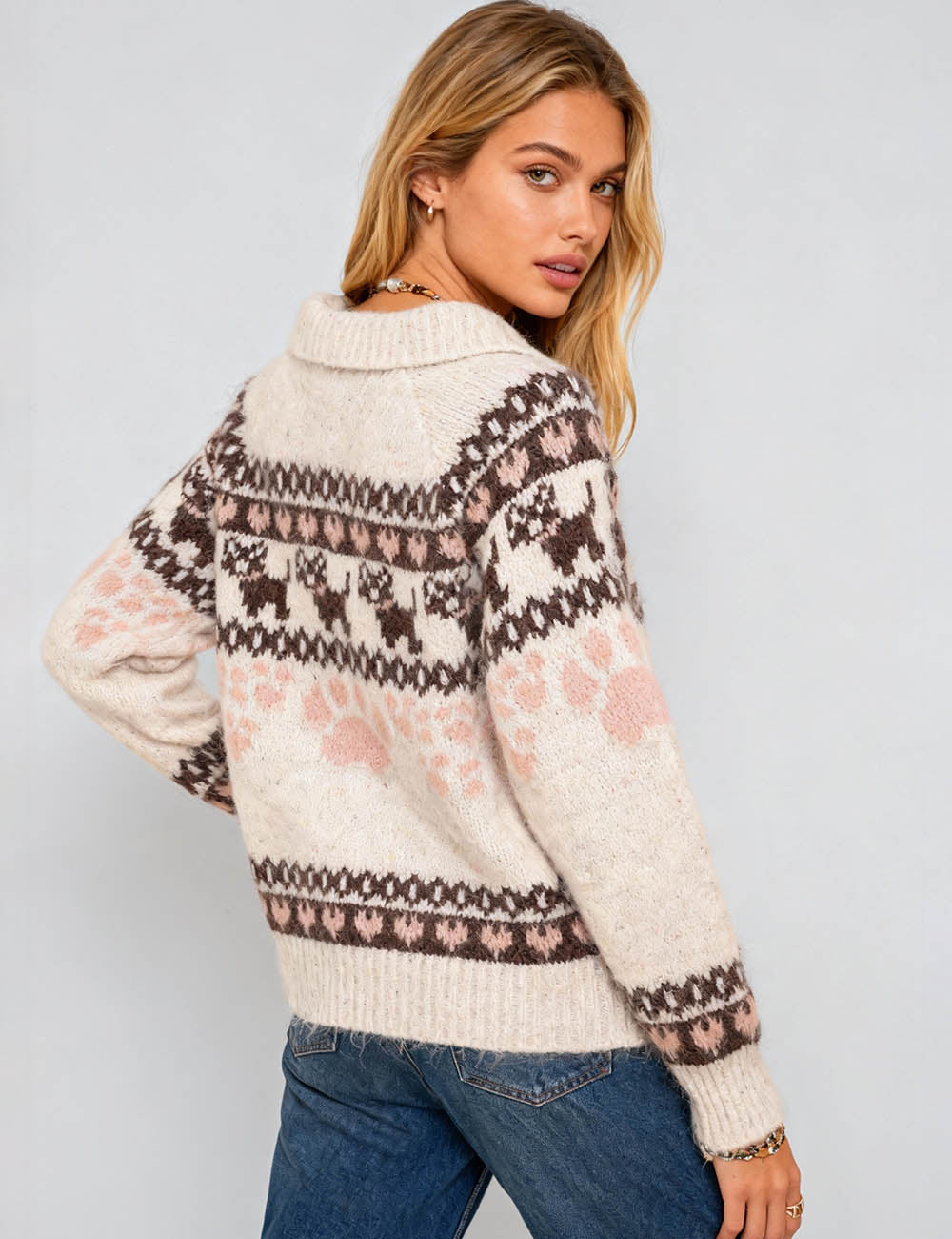 Ladies Fair Isle Pattern Zip-Up Sweater Cardigan
