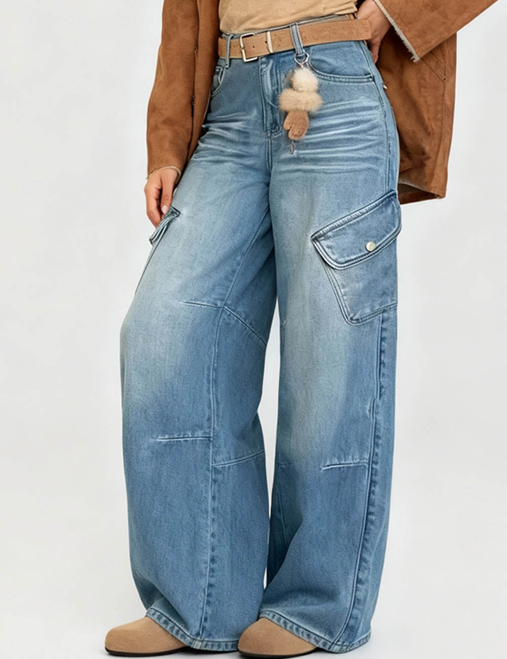 Ladies Vintage Fleece Lining Wide Leg Denim Pants