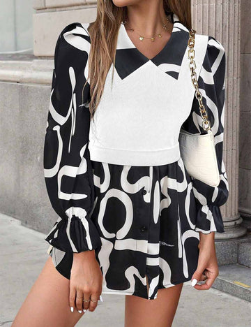 Ladies Color Block Turndown Collar Bubble Long Sleeves Top