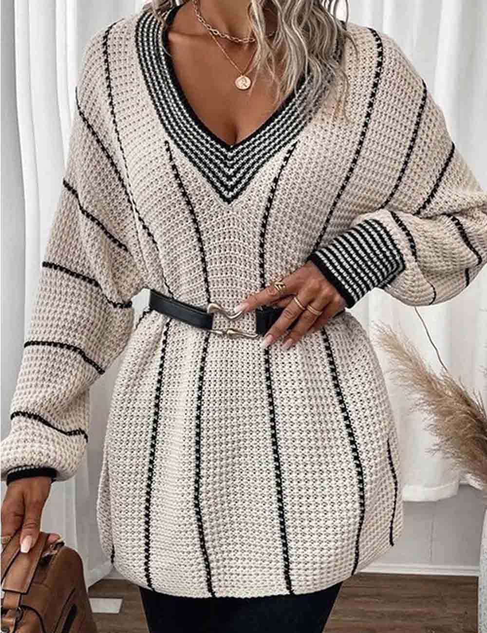 Ladies Color Block Striped V-Neck Knit Sweater