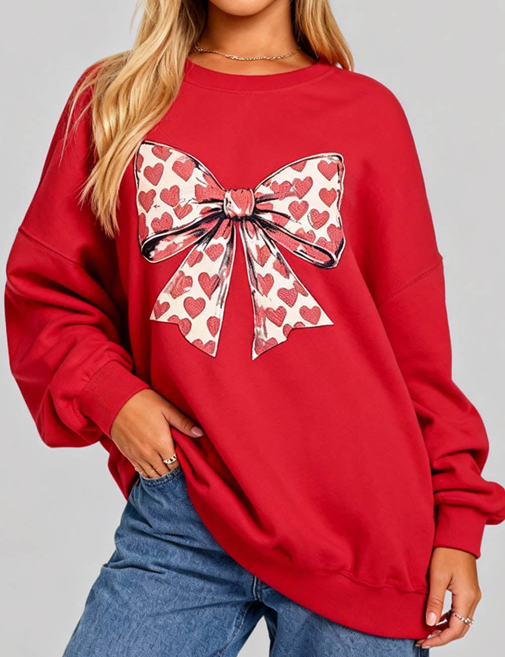 Ladies Bow Print Heart Valentine's Round Neck Sweatshirt