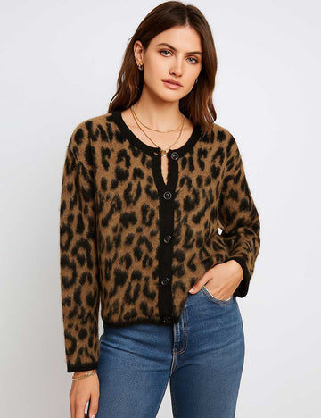 Ladies Leopard Pattern Round Neck Button Knit Cardigan