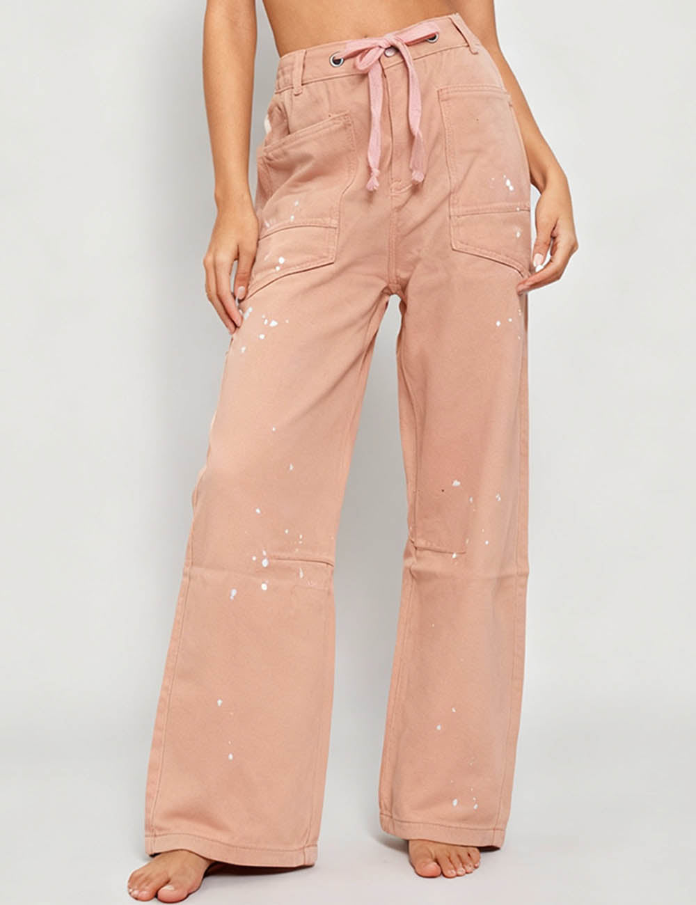 Ladies Paint Splatter Drawstring Wide Leg Denim Pants
