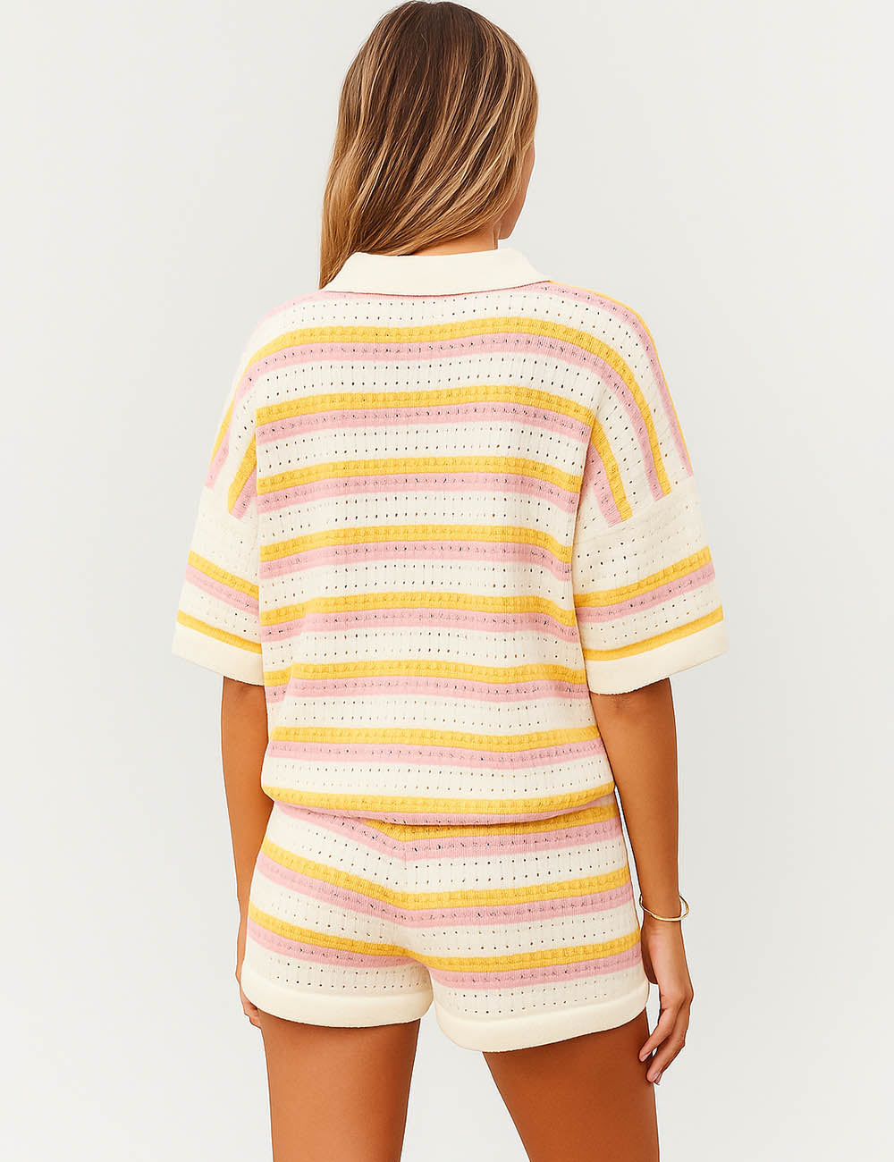 Ladies Stripe Color Block Knit Top & Shorts Set SKST50176