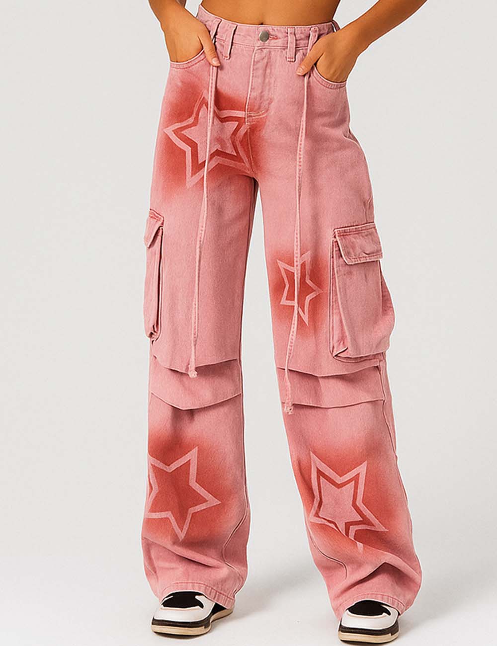 Ladies Star Print Wide Leg Cargo Denim Pants