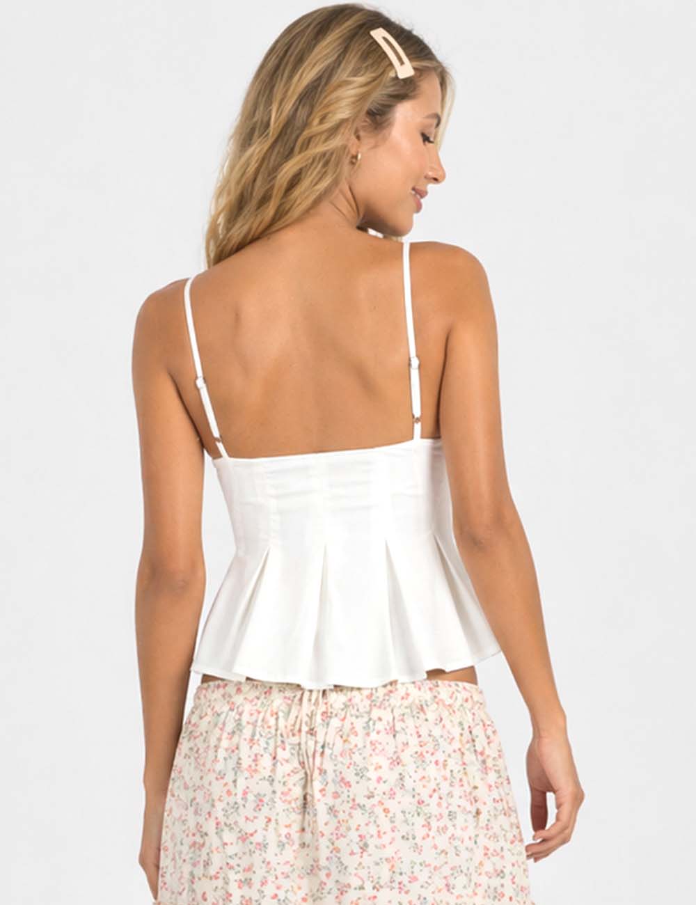 Ladies Chic Spaghetti Strap Button Front Solid Color Peplum Cami Top