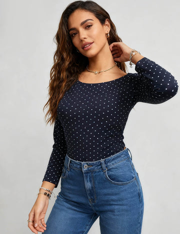 Ladies Polka Dot Stretch Long Sleeves Layering Top