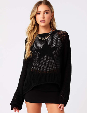 Ladies Star Pattern Hollow Out Long Sleeves Knit Blouse